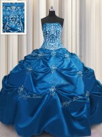 Ideal Teal Ball Gowns Strapless Sleeveless Taffeta Floor Length Lace Up Beading and Appliques and Embroidery Ball Gown Prom Dress