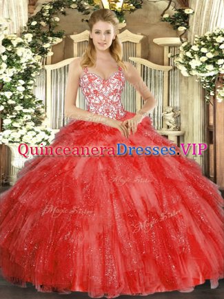 Captivating Coral Red Quinceanera Dresses Sweet 16 and Quinceanera with Beading and Ruffles Straps Sleeveless Lace Up
