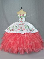 Inexpensive Satin and Organza Sweetheart Sleeveless Lace Up Embroidery and Ruffles Vestidos de Quinceanera in Watermelon Red(SKU PSSW0957-1BIZ)