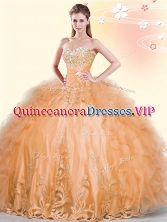 Wonderful Beading and Appliques and Ruffles Quinceanera Dresses Orange Lace Up Sleeveless Floor Length
