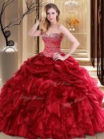 Red Organza Lace Up 15 Quinceanera Dress Sleeveless Floor Length Beading and Pick Ups