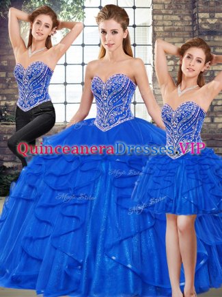 Shining Sweetheart Sleeveless Vestidos de Quinceanera Floor Length Beading and Ruffles Royal Blue Tulle