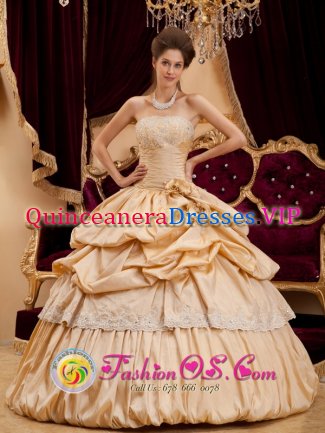 Champagne Strapless Appliques With Beading Decorate Hand Made Flowers and Pick-ups For Allendale Michigan/MI Quinceanera Dress