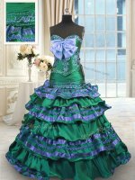 Custom Fit Ruffled Layers Dark Green Sleeveless Taffeta Brush Train Lace Up 15th Birthday Dress for Military Ball and Sweet 16 and Quinceanera
