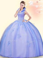 Classical Lavender Ball Gowns High-neck Sleeveless Tulle Floor Length Backless Beading and Appliques Quinceanera Dress(SKU SJQDDT830002-1BIZ)