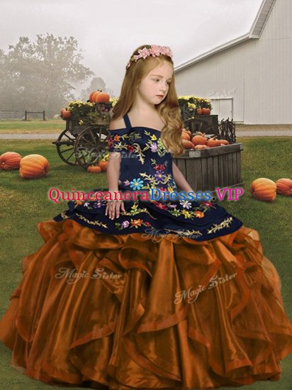 Brown Ball Gowns Embroidery and Ruffles Little Girl Pageant Gowns Lace Up Organza Sleeveless Floor Length - Click Image to Close