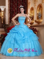 Over East Anglia Aqua Blue Appliques Decorate Organza Sweet Quinceanera Dress With Strapless Floor-length