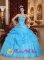 Over East Anglia Aqua Blue Appliques Decorate Organza Sweet Quinceanera Dress With Strapless Floor-length