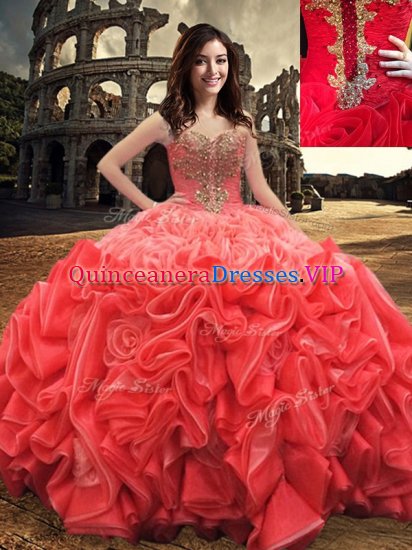 Floor Length Lace Up Quinceanera Gowns Red for Military Ball and Sweet 16 and Quinceanera with Beading - Click Image to Close