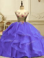 Luxurious Lavender Sleeveless Appliques and Ruffles Floor Length 15th Birthday Dress