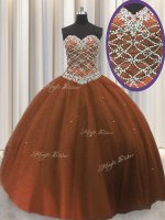 Dynamic Floor Length Brown 15th Birthday Dress Tulle Sleeveless Beading and Sequins
