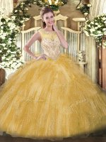 Suitable Scoop Sleeveless Zipper Quinceanera Dresses Gold Organza