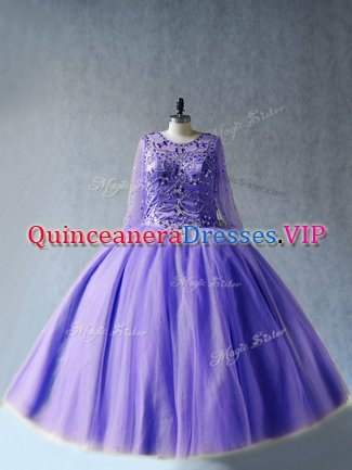 Sophisticated Long Sleeves Floor Length Beading Lace Up Quinceanera Gown with Lavender