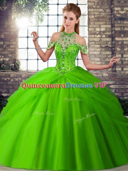 Discount Tulle Lace Up Quince Ball Gowns Sleeveless Brush Train Beading and Pick Ups - Click Image to Close