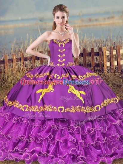 Clearance Purple Sleeveless Embroidery and Ruffled Layers Lace Up Quinceanera Gowns - Click Image to Close