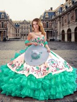 Floor Length Lace Up 15 Quinceanera Dress Turquoise for Military Ball and Sweet 16 and Quinceanera with Embroidery and Ruffled Layers(SKU ZTQD005-29BIZ)
