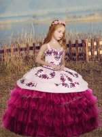 Perfect Floor Length Fuchsia Little Girls Pageant Dress Wholesale Organza Sleeveless Embroidery and Ruffles
