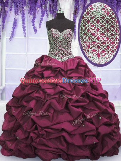Designer Burgundy Taffeta Lace Up Sweet 16 Dresses Sleeveless Floor Length Beading and Sequins and Pick Ups - Click Image to Close