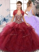 Off The Shoulder Sleeveless Vestidos de Quinceanera Floor Length Beading and Ruffles Burgundy Tulle