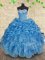 Baby Blue Sleeveless Beading and Appliques and Ruffles and Ruching Floor Length Quinceanera Gowns