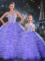 Comfortable Sleeveless Floor Length Beading and Ruffles Lace Up 15 Quinceanera Dress with Lavender