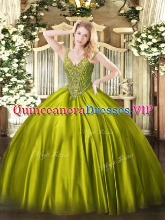 Fantastic Olive Green Ball Gowns Satin V-neck Sleeveless Beading Floor Length Lace Up Quinceanera Dress