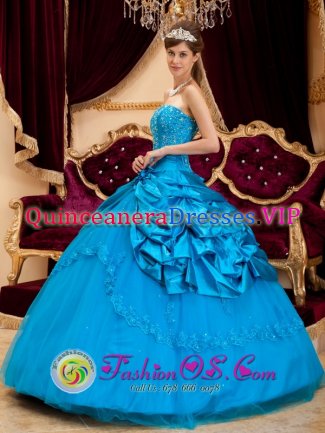 Antioquia colombia Stylish Quinceanera Dress For Strapless Teal Taffeta and Tulle Lace and Appliques Ball Gown