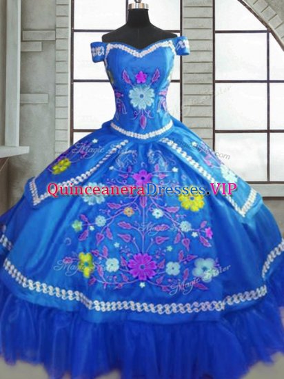 Short Sleeves Floor Length Beading and Embroidery Lace Up Sweet 16 Dress with Blue - Click Image to Close