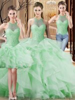 Apple Green Three Pieces Beading and Ruffles Ball Gown Prom Dress Lace Up Organza Sleeveless