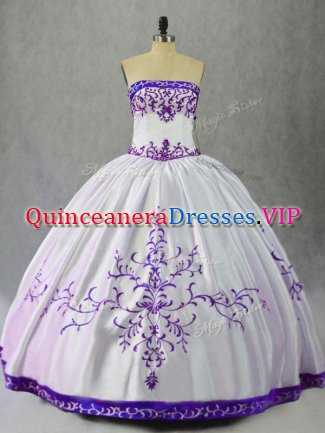 White And Purple Satin Lace Up Scoop Sleeveless Floor Length Quinceanera Dress Embroidery