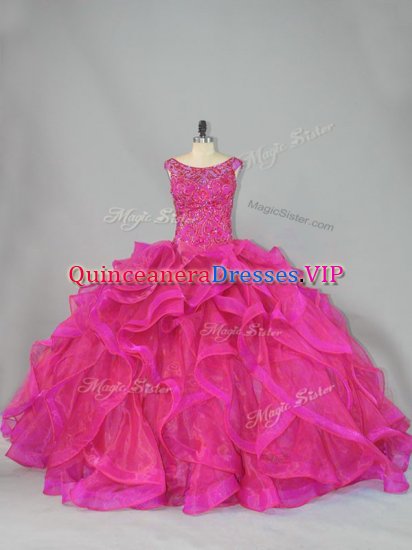 Luxury Sleeveless Beading and Ruffles Lace Up Sweet 16 Quinceanera Dress with Hot Pink Brush Train - Click Image to Close