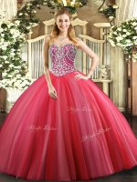 Sleeveless Tulle Floor Length Lace Up 15 Quinceanera Dress in Coral Red with Beading