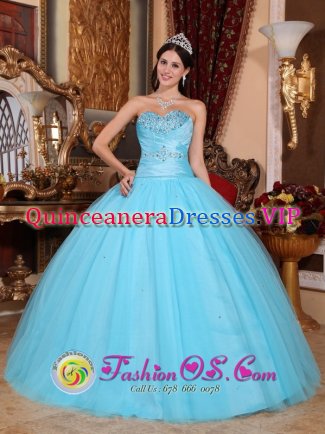 Elmhurst Illinois/IL Sweetheart Beaded Decorate Pretty Baby Blue Quinceanera Dress Made In Tulle and Taffeta