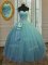 Floor Length Lace Up 15 Quinceanera Dress Turquoise for Military Ball and Sweet 16 and Quinceanera with Beading and Ruching and Bowknot