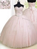 Beautiful Baby Pink Lace Up Sweetheart Beading and Appliques Ball Gown Prom Dress Tulle Sleeveless