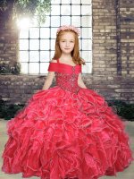 Red Organza Lace Up Pageant Gowns For Girls Sleeveless Floor Length Beading and Ruffles