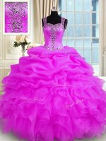 Fuchsia Vestidos de Quinceanera Military Ball and Sweet 16 and Quinceanera with Beading and Ruffles Straps Sleeveless Zipper