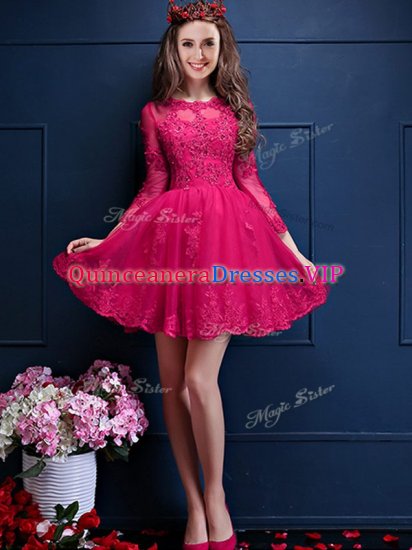 Scalloped 3 4 Length Sleeve Chiffon Quinceanera Dama Dress Beading and Lace and Appliques Lace Up - Click Image to Close