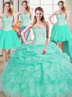 Admirable Four Piece Beading and Ruffles and Pick Ups Sweet 16 Quinceanera Dress Apple Green Lace Up Sleeveless Floor Length
