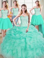 Admirable Four Piece Beading and Ruffles and Pick Ups Sweet 16 Quinceanera Dress Apple Green Lace Up Sleeveless Floor Length(SKU PSSW0437MTDTA2BIZ)