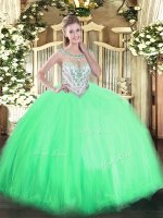 Apple Green Ball Gowns Beading Ball Gown Prom Dress Zipper Tulle Sleeveless Floor Length