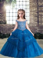 Pretty Floor Length Ball Gowns Sleeveless Blue Child Pageant Dress Lace Up