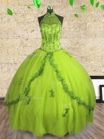 Halter Top Sleeveless Floor Length Beading Lace Up Quinceanera Dress with Yellow Green