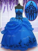 Romantic Blue Sleeveless Organza Lace Up Quince Ball Gowns for Military Ball and Sweet 16 and Quinceanera