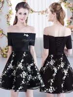 Glamorous Short Sleeves Mini Length Appliques Lace Up Quinceanera Dama Dress with Black(SKU BMT0474BIZ)