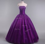 Modern Eggplant Purple Tulle Lace Up Strapless Sleeveless Floor Length Sweet 16 Quinceanera Dress Beading and Ruching