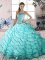 Fabulous Sweetheart Sleeveless Sweet 16 Dress Brush Train Beading and Ruffled Layers Aqua Blue Organza