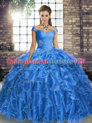 New Style Blue Sleeveless Beading and Ruffles Lace Up Quinceanera Gown