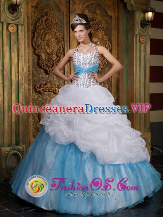A-line Lovely Organza White and Baby Blue For Quinceanera Dress Halter Beading and Pick-ups In Parramatta NSW