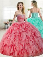 Charming Sleeveless Organza Floor Length Lace Up Sweet 16 Dress in Watermelon Red and Coral Red with Beading(SKU YYPJ054BIZ)